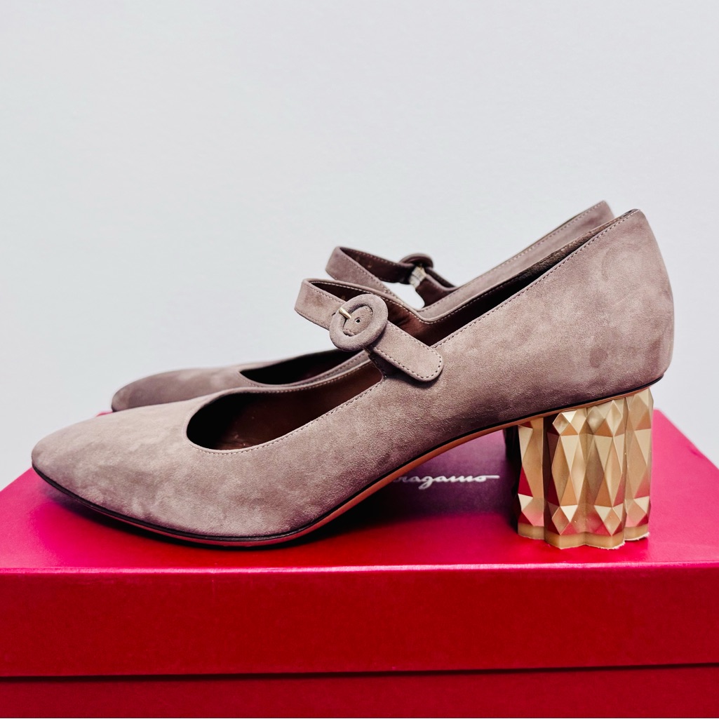 Salvatore Ferragamo Grey Mary Jane Shoes With Sculptural Design Heel